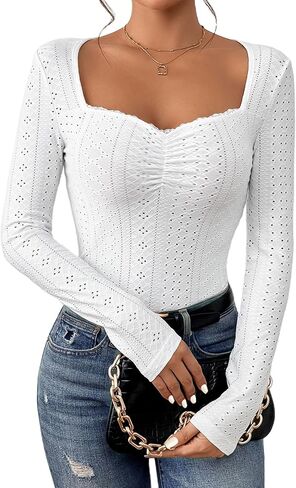 LovelyWholesale المرأة العيينة تي شيرت حبيبته الرقبة Ruched الجبهة كم طويل المحملة عادية in Saudi Arabia