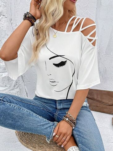 تي شيرت نسائي من SOLY HUX برسومات متقاطعة ومقطع نصف كم، تي شيرت صيفي in Kuwait