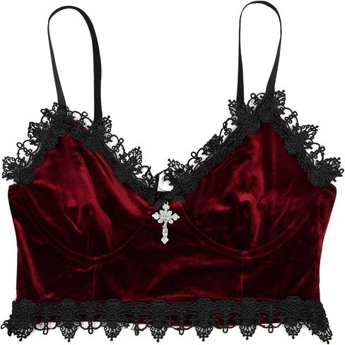 قميص قصير نسائي من JUMISEE على الطراز القوطي من المخمل قميص قصير مثير مزين بالدانتيل وحزام سباغيتي بدون أكمام لمهرجان الهذيان والهالوين in Kuwait