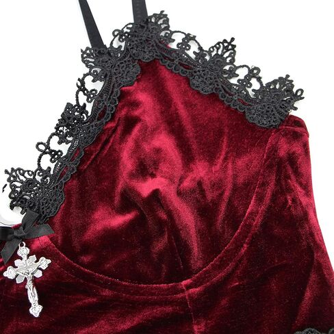 قميص قصير نسائي من JUMISEE على الطراز القوطي من المخمل قميص قصير مثير مزين بالدانتيل وحزام سباغيتي بدون أكمام لمهرجان الهذيان والهالوين in Kuwait