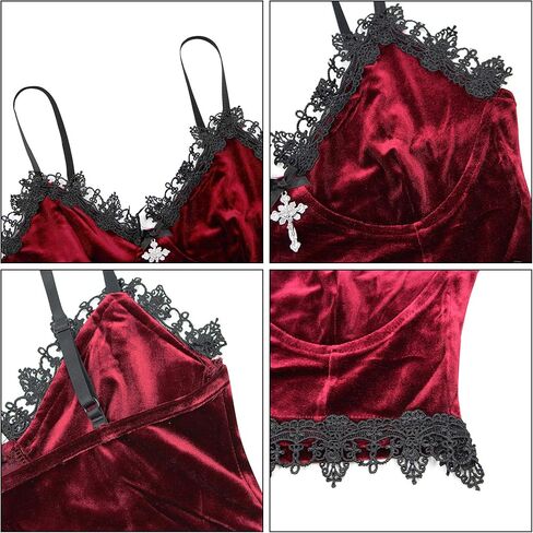 قميص قصير نسائي من JUMISEE على الطراز القوطي من المخمل قميص قصير مثير مزين بالدانتيل وحزام سباغيتي بدون أكمام لمهرجان الهذيان والهالوين in Kuwait