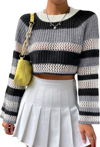 SHENHE Women's Crochet Striped Color Block Crewneck Long Sleeve Knit Cropped Sweater Tops in Saudi Arabia