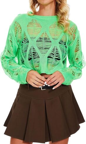 Womens Ripped Hole Knitted Crop Tops Fashion Long Sleeve See Through Gothic Sweater for Summer Fall in Kuwait