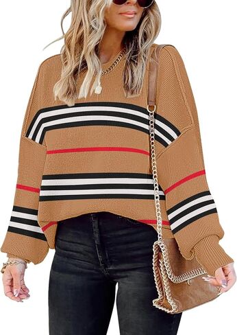 ملابس خريفية للنساء 2023 عصرية مخططة برقبة دائرية ضيقة كبيرة الحجم للشتاء دافئة باكمام طويلة in Kuwait