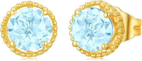 اقراط مرصعة بحجر التوباز الازرق من الذهب الخالص عيار 14 قيراط - اقراط حجر الميلاد 6.5 ملم للنساء والفتيات، اقراط دائرية مرصعة باحجار التوباز والذهب الاصفر، والتوباز, الذهب الأصفر, توباز in Kuwait