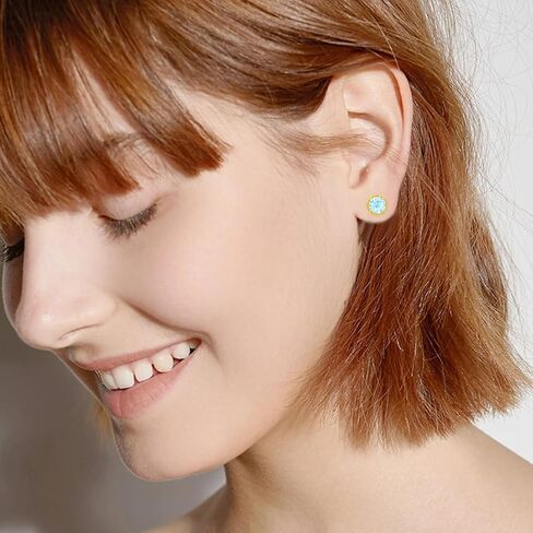 اقراط مرصعة بحجر التوباز الازرق من الذهب الخالص عيار 14 قيراط - اقراط حجر الميلاد 6.5 ملم للنساء والفتيات، اقراط دائرية مرصعة باحجار التوباز والذهب الاصفر، والتوباز, الذهب الأصفر, توباز in Kuwait