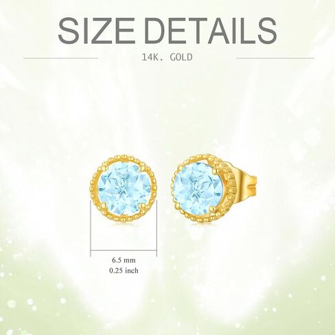 اقراط مرصعة بحجر التوباز الازرق من الذهب الخالص عيار 14 قيراط - اقراط حجر الميلاد 6.5 ملم للنساء والفتيات، اقراط دائرية مرصعة باحجار التوباز والذهب الاصفر، والتوباز, الذهب الأصفر, توباز in Kuwait