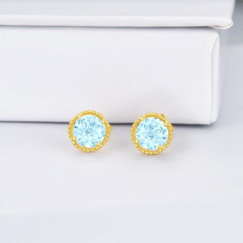 اقراط مرصعة بحجر التوباز الازرق من الذهب الخالص عيار 14 قيراط - اقراط حجر الميلاد 6.5 ملم للنساء والفتيات، اقراط دائرية مرصعة باحجار التوباز والذهب الاصفر، والتوباز, الذهب الأصفر, توباز in Kuwait