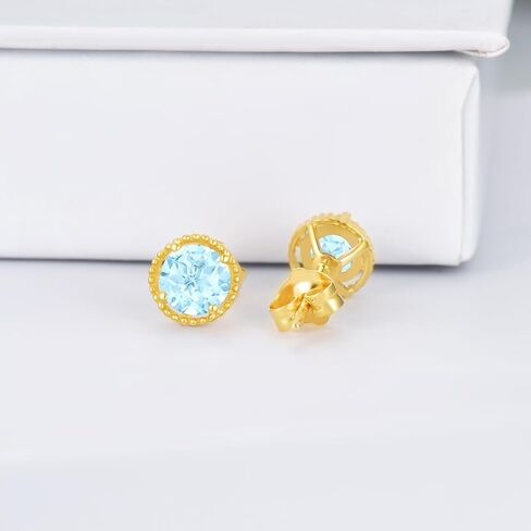 اقراط مرصعة بحجر التوباز الازرق من الذهب الخالص عيار 14 قيراط - اقراط حجر الميلاد 6.5 ملم للنساء والفتيات، اقراط دائرية مرصعة باحجار التوباز والذهب الاصفر، والتوباز, الذهب الأصفر, توباز in Kuwait