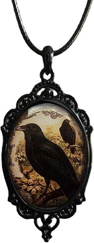 BaBakiak Raven Cameo Glass Necklace - Hugin and Munin Pendant - Crow Animal Jewelry of Norse Mythology Amulet, Zinc, No Gemstone in Kuwait