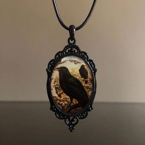 BaBakiak Raven Cameo Glass Necklace - Hugin and Munin Pendant - Crow Animal Jewelry of Norse Mythology Amulet, Zinc, No Gemstone in Kuwait