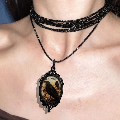 BaBakiak Raven Cameo Glass Necklace - Hugin and Munin Pendant - Crow Animal Jewelry of Norse Mythology Amulet, Zinc, No Gemstone in Kuwait
