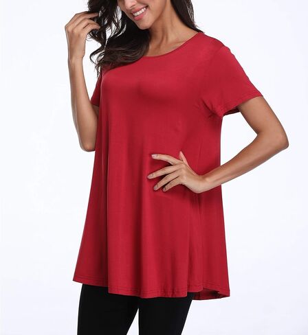 Women's Summer Tunic Tops Loose Fit Short Sleeve Shirts Casual Tops Round Neck Tunics for Leggings in Kuwait