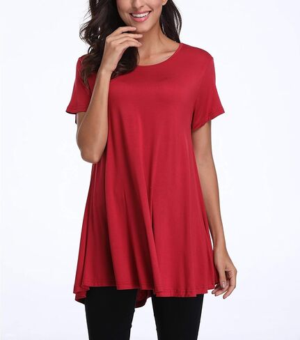 Women's Summer Tunic Tops Loose Fit Short Sleeve Shirts Casual Tops Round Neck Tunics for Leggings in Kuwait