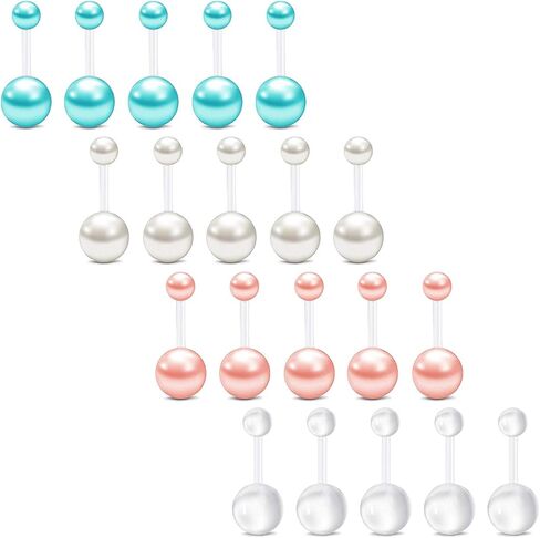 FECTAS 14 جرام حلقات زر البطن البلاستيكية شفافة للأشعة فوق البنفسجية مرنة اللؤلؤ حلقة البطن السرة منحني طويل الحديد للنساء الفتيات 10/12/14/16/18 مم in Kuwait