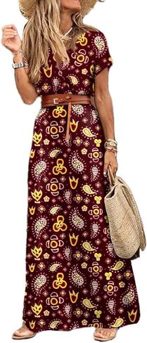POPDM Women's Boho Floral Print Long Dress V Neck Long Sleeve High Waist Flowy Casual Maxi Dress with Belt 2023 in Kuwait
