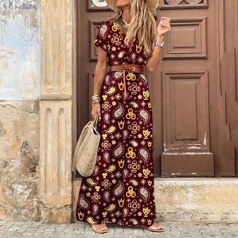 POPDM Women's Boho Floral Print Long Dress V Neck Long Sleeve High Waist Flowy Casual Maxi Dress with Belt 2023 in Kuwait