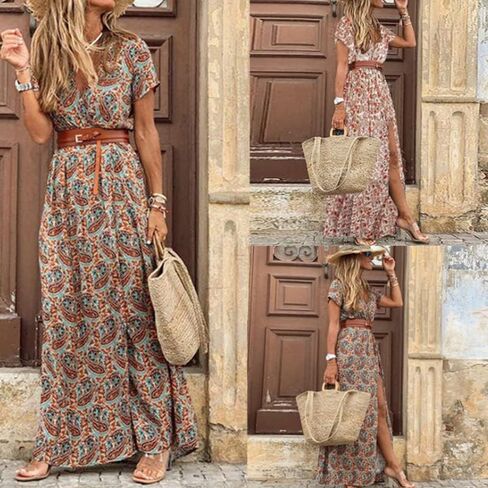POPDM Women's Boho Floral Print Long Dress V Neck Long Sleeve High Waist Flowy Casual Maxi Dress with Belt 2023 in Kuwait