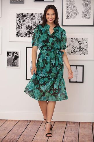 London Times Women's Keyhole Neckline Tie Waist Flounce Hem Feminine Midi Dress Guest of Wedding Office Cocktail in Saudi Arabia