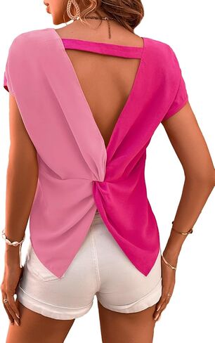 SweatyRocks Women's Color Block Short Sleeve Round Neck Shirt Cut Out Twist Back Blouse Top in Saudi Arabia
