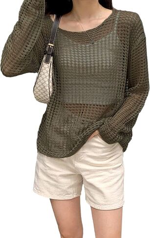 Verdusa Women's Semi Sheer Pullovers Drop Shoulder Round Neck Solid Knit Sweater in Saudi Arabia