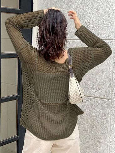 Verdusa Women's Semi Sheer Pullovers Drop Shoulder Round Neck Solid Knit Sweater in Saudi Arabia