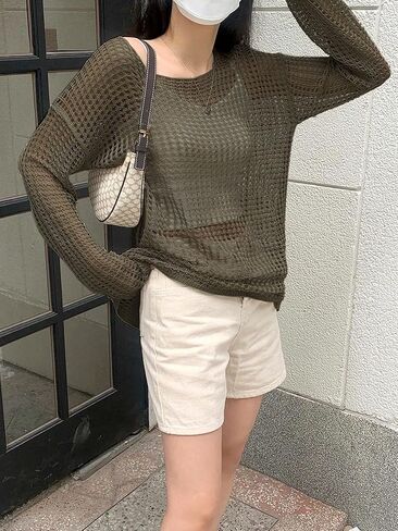 Verdusa Women's Semi Sheer Pullovers Drop Shoulder Round Neck Solid Knit Sweater in Saudi Arabia