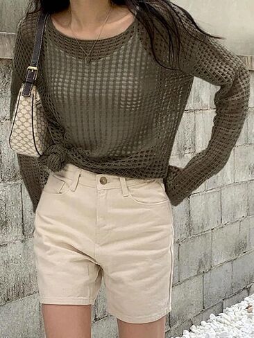 Verdusa Women's Semi Sheer Pullovers Drop Shoulder Round Neck Solid Knit Sweater in Saudi Arabia