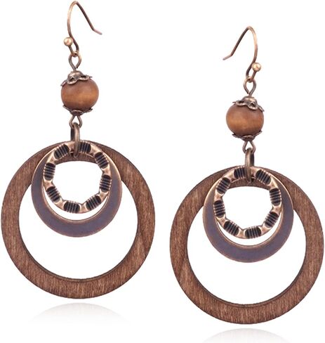 Handmade Lightweight Vintage Bohemian Bronze Bamboo Circle Hoop Dangle Drop Earrings With Nature Bead for Women Girls Statement Jewelry Gifts in Saudi Arabia