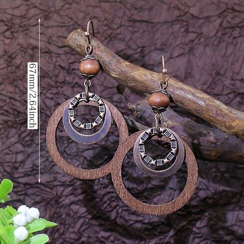Handmade Lightweight Vintage Bohemian Bronze Bamboo Circle Hoop Dangle Drop Earrings With Nature Bead for Women Girls Statement Jewelry Gifts in Saudi Arabia