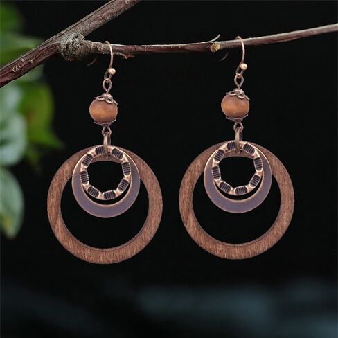 Handmade Lightweight Vintage Bohemian Bronze Bamboo Circle Hoop Dangle Drop Earrings With Nature Bead for Women Girls Statement Jewelry Gifts in Saudi Arabia