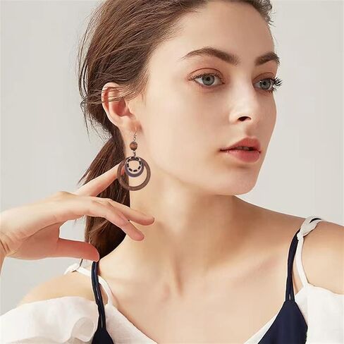 Handmade Lightweight Vintage Bohemian Bronze Bamboo Circle Hoop Dangle Drop Earrings With Nature Bead for Women Girls Statement Jewelry Gifts in Saudi Arabia