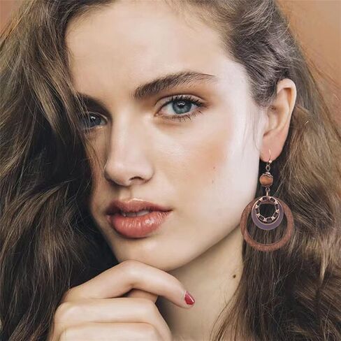 Handmade Lightweight Vintage Bohemian Bronze Bamboo Circle Hoop Dangle Drop Earrings With Nature Bead for Women Girls Statement Jewelry Gifts in Saudi Arabia