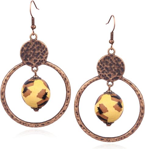 Handmade Lightweight Vintage Bohemian Bronze Bamboo Circle Hoop Dangle Drop Earrings With Nature Bead for Women Girls Statement Jewelry Gifts in Saudi Arabia