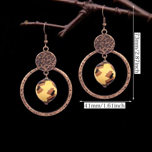 Handmade Lightweight Vintage Bohemian Bronze Bamboo Circle Hoop Dangle Drop Earrings With Nature Bead for Women Girls Statement Jewelry Gifts in Saudi Arabia