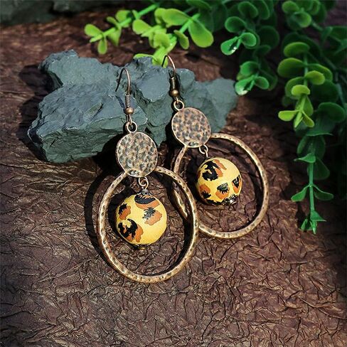 Handmade Lightweight Vintage Bohemian Bronze Bamboo Circle Hoop Dangle Drop Earrings With Nature Bead for Women Girls Statement Jewelry Gifts in Saudi Arabia