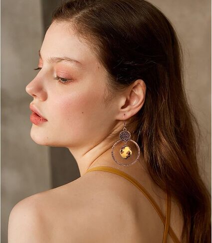 Handmade Lightweight Vintage Bohemian Bronze Bamboo Circle Hoop Dangle Drop Earrings With Nature Bead for Women Girls Statement Jewelry Gifts in Saudi Arabia