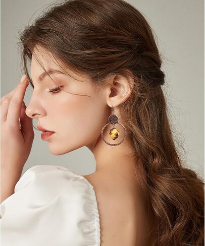 Handmade Lightweight Vintage Bohemian Bronze Bamboo Circle Hoop Dangle Drop Earrings With Nature Bead for Women Girls Statement Jewelry Gifts in Saudi Arabia