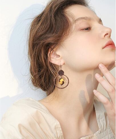 Handmade Lightweight Vintage Bohemian Bronze Bamboo Circle Hoop Dangle Drop Earrings With Nature Bead for Women Girls Statement Jewelry Gifts in Saudi Arabia