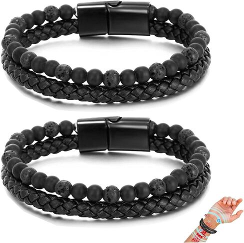 Natural Agate Stone Leather Beaded Bracelet, Lugxb Natural Agate 6mm Stone Adjustable Leather Beaded Bracelet Jewelry Gifts for Men Women in Saudi Arabia