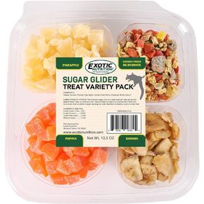 Exotic Nutrition Sugar Glider Treat Variety Pack (9.5 oz.) - Healthy Natural Sugar Glider Treat Assortment - Yogu Drops, Mango, Garden Fresh Re-Hydrate, and Banana - Sampler Variety Value Package