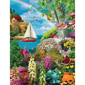 Springbok Stairway to Serenity 500 Piece Jigsaw Puzzle for Adults by Arist Alan Giana - Colorful Garden by The Ocean - Finished Size 23.5" x 18"