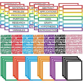 AKONEGE 39 Sheets Science Fair Board Supplies 24 Self Adhesive Presentation Science Subtitles 6 Science Fair Project Titles 2 Blank Titles 7 Personalized Letter Stickers for Classroom Office, Colorful