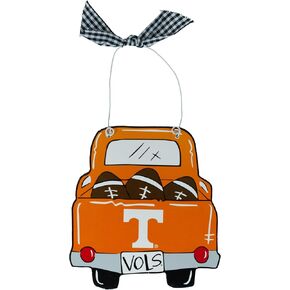 University of Tennessee Volunteers Wooden Decoration - Pick-up Truck, Footballs & Team Logo Design w/Plaid Ribbon by Magnolia Lane - Hanging Home Decor, Gift for UT Fans, Students, Alumni in Saudi Arabia