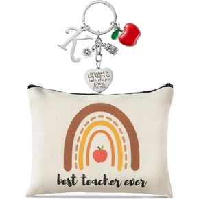 DGjianfei 2pcs Teacher Appreciation Gift Set Best Teacher Ever Makeup Pouch and Thank You Initial Letters Keychain Canvas Cosmetic Bag Zipper Pouch Thanksgiving Christmas Graduation Gift for Teacher