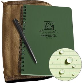 Rite in the Rain Weatherproof Side Spiral Kit: Tan CORDURA® Fabric Cover, 4.625" x 7" Green Notebook, and Weatherproof Pen (No. 973-KIT)