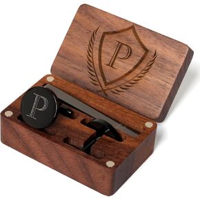 Mens Initial Cufflinks and Tie Clip A-Z Alphabet Letter Black Stainless Cuff Links Tie Bar with Engraved Walnut Wood Box Groom Groomsman Wedding Set
