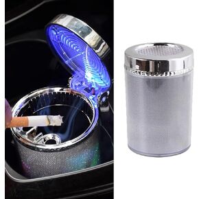 QBOONPT Car Ashtray with lid Smell Proof, Smoke-free portable mini car trash can with LED Blue Light,Removable Stainless Steel Car Cup Holder Universal Car Interior Accessories(Colorful)