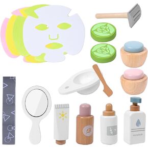 Wooden Makeup Kit for Girls, 18 Pcs Pretend Beauty Makeup Set Skin Care Learning Toys Toddler Makeup Face Mask Toy Gift for 3 4 5+ Year Old Girls
