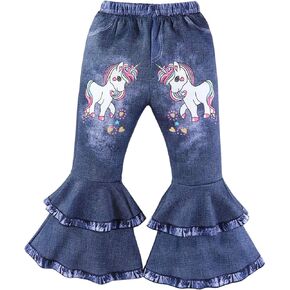 Toddler Girls Imitation Denim Print Flare Pants - Kids Unicorn Jeans Little Cowgirl Layered Ruffle Hem Bell Bottoms